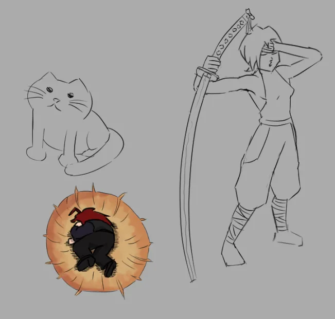 A sketch-style image shows four separate drawings: a simple cat, a ninja-like character holding a katana with one hand on…