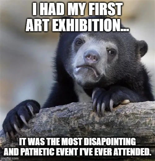 A black bear with a sad, disappointed facial expression rests its paws on a log. White bold text overlaid at the top reads…