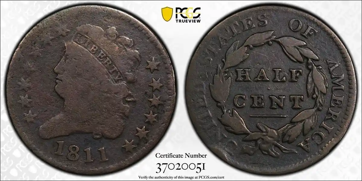 The image displays both sides of an 1811 United States half cent coin, showing the Liberty head on the obverse and 'HALF…
