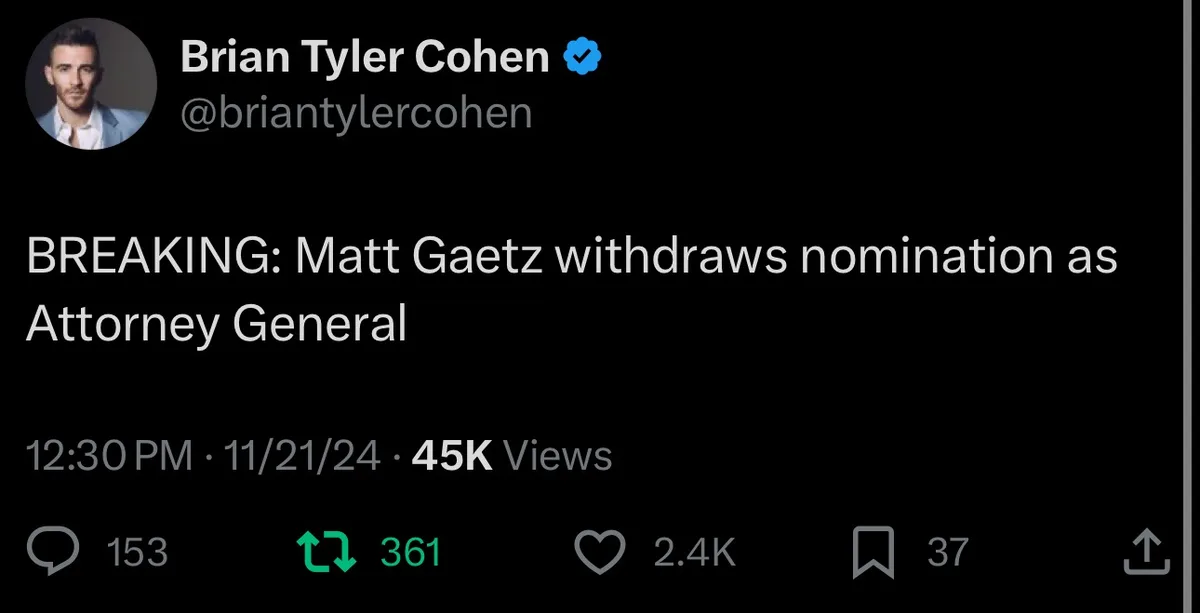A screenshot of a tweet from verified user Brian Tyler Cohen (@briantylercohen) displaying a breaking news headline that…