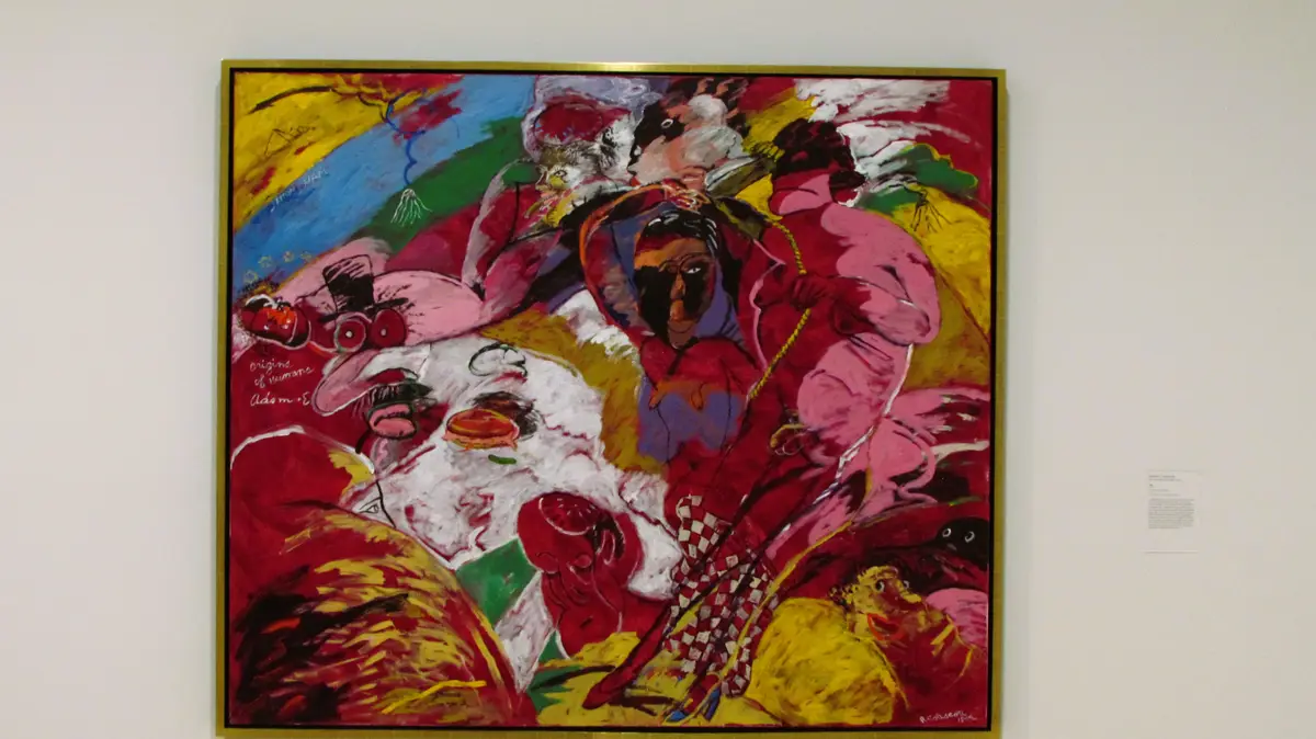 A colorful, abstract painting with distorted human figures and surreal elements hangs in a gallery. The text 'origin of…
