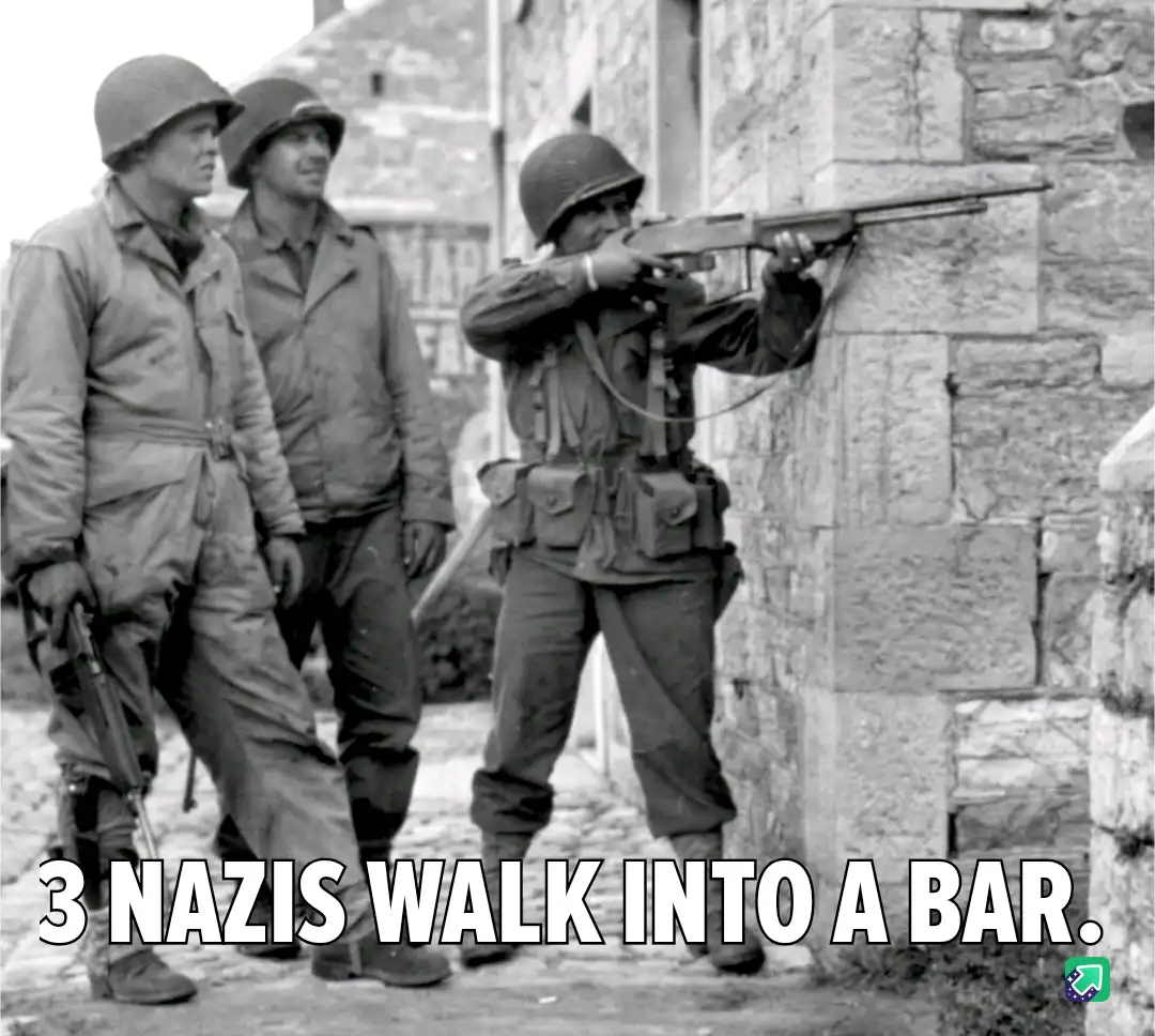 A black-and-white historical photo shows three soldiers in WWII-era military uniforms and helmets. One soldier is aiming a…