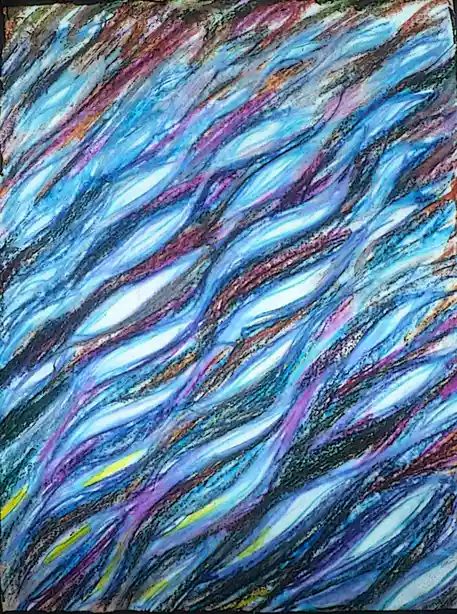 An abstract painting with swirling, chaotic brushstrokes in shades of blue, purple, black, and hints of yellow and orange…