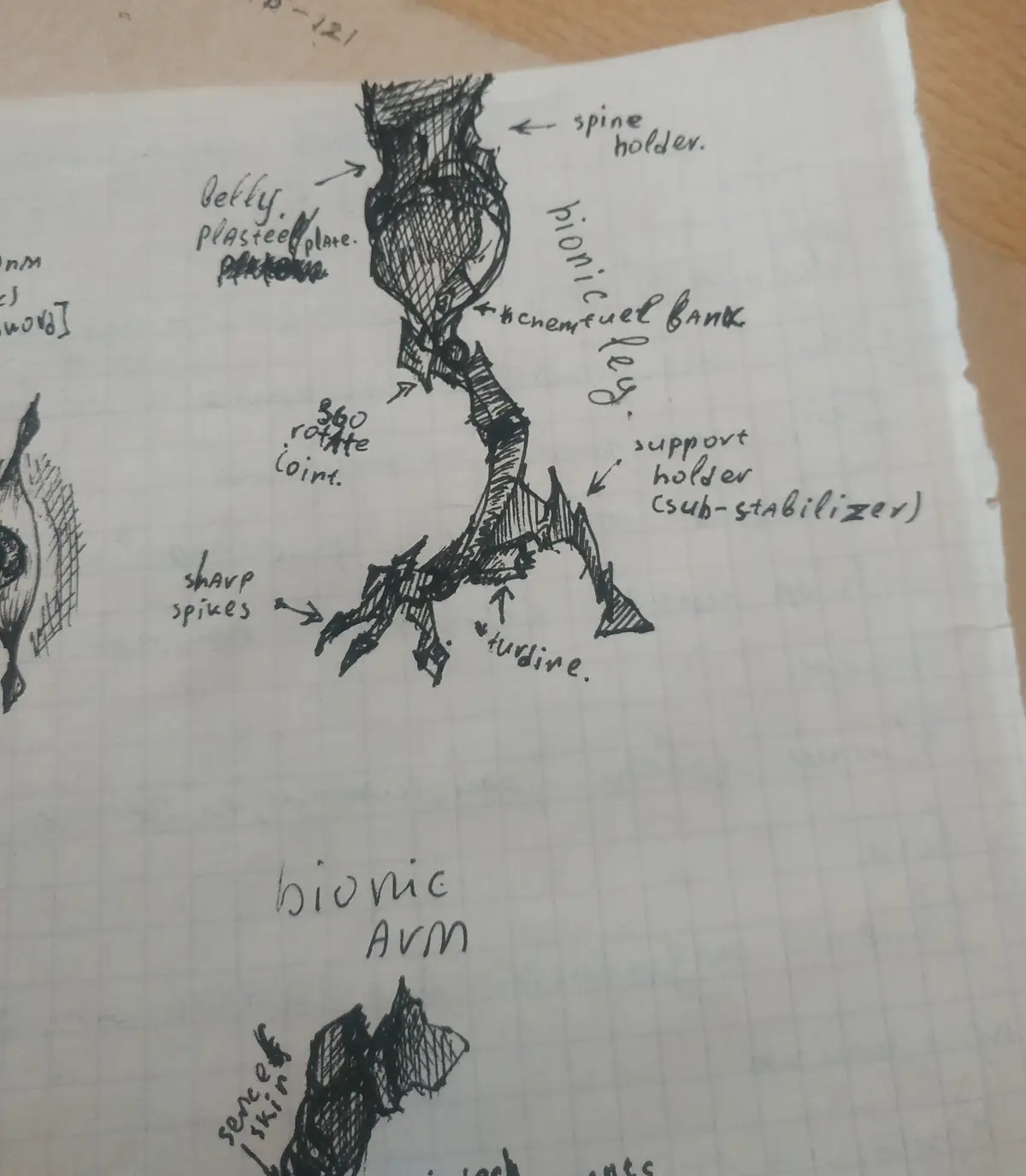 A hand-drawn sketch on graph paper shows a bionic arm with various labeled parts like 'spine holder,' 'bionic fuel bank,'…