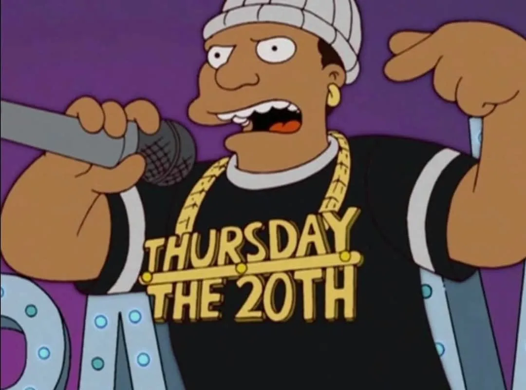 A cartoon character from The Simpsons, dressed in a black t-shirt with 'THURSDAY THE 20TH' in gold letters, a white beanie…