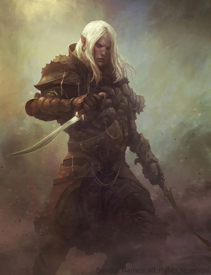 A fantasy illustration of a white-haired, pointed-eared elf warrior in dark, spiked armor, holding a curved blade in one…