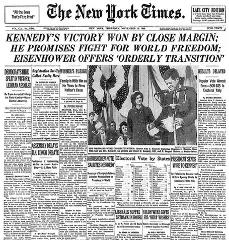 A black-and-white newspaper front page from The New York Times dated November 12, 1960, reporting on John F. Kennedy's…