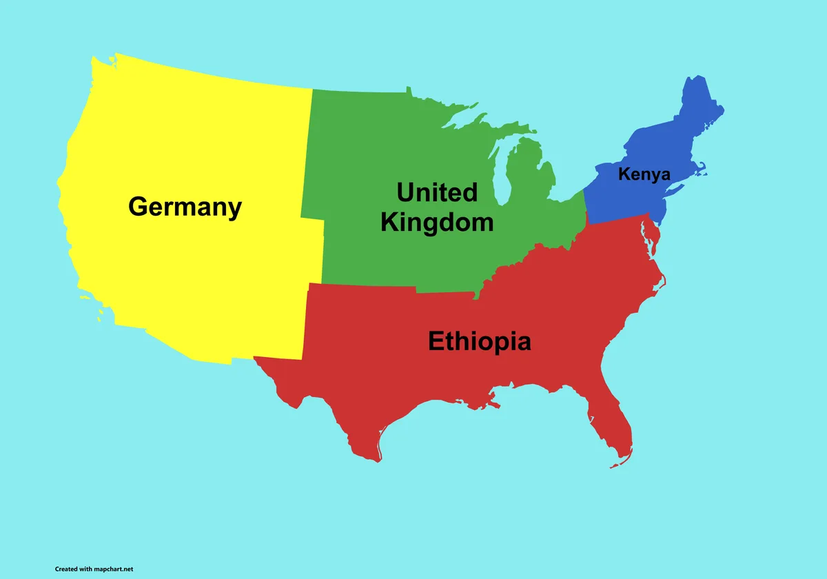 A map of the United States is humorously divided into four colored regions, each labeled with a different country: the…