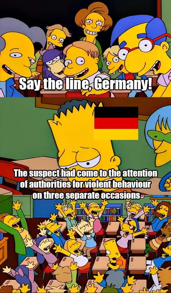 A two-panel meme from The Simpsons. The top panel shows Bart Simpson with a German flag over his head, surrounded by…