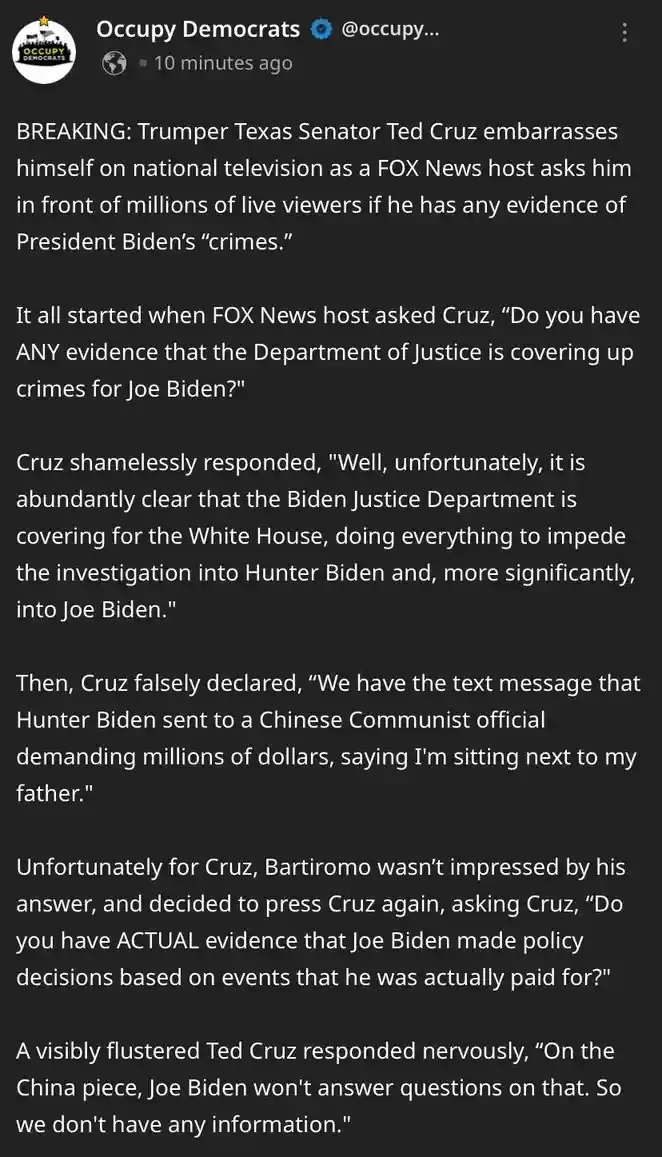 The image is a screenshot of a tweet from the account 'Occupy Democrats' detailing a fictionalized account of a Fox News…