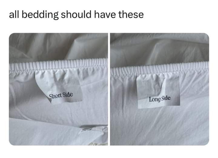Two side-by-side images show close-ups of white fitted sheet elasticated edges, each with a small white tag. The left…