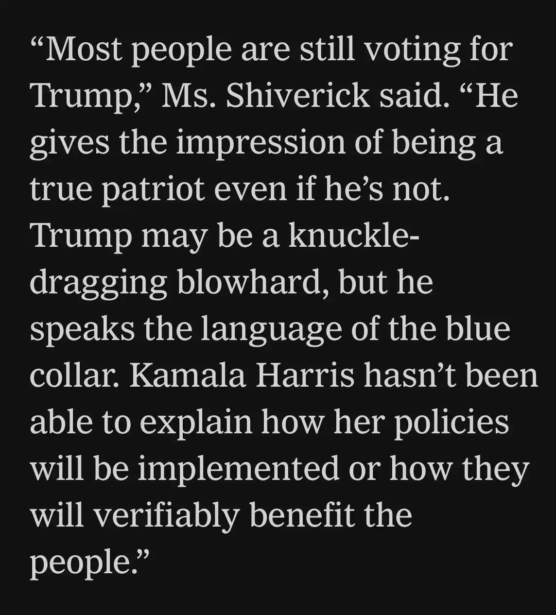 The image displays a black background with white text quoting Ms. Shiverick, who defends Donald Trump as a 'true patriot'…