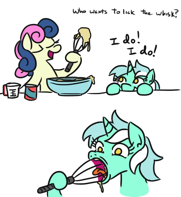 A two-panel cartoon shows a pony with pink and blue hair mixing batter in a bowl, asking 'Who wants to lick the whisk?' A…
