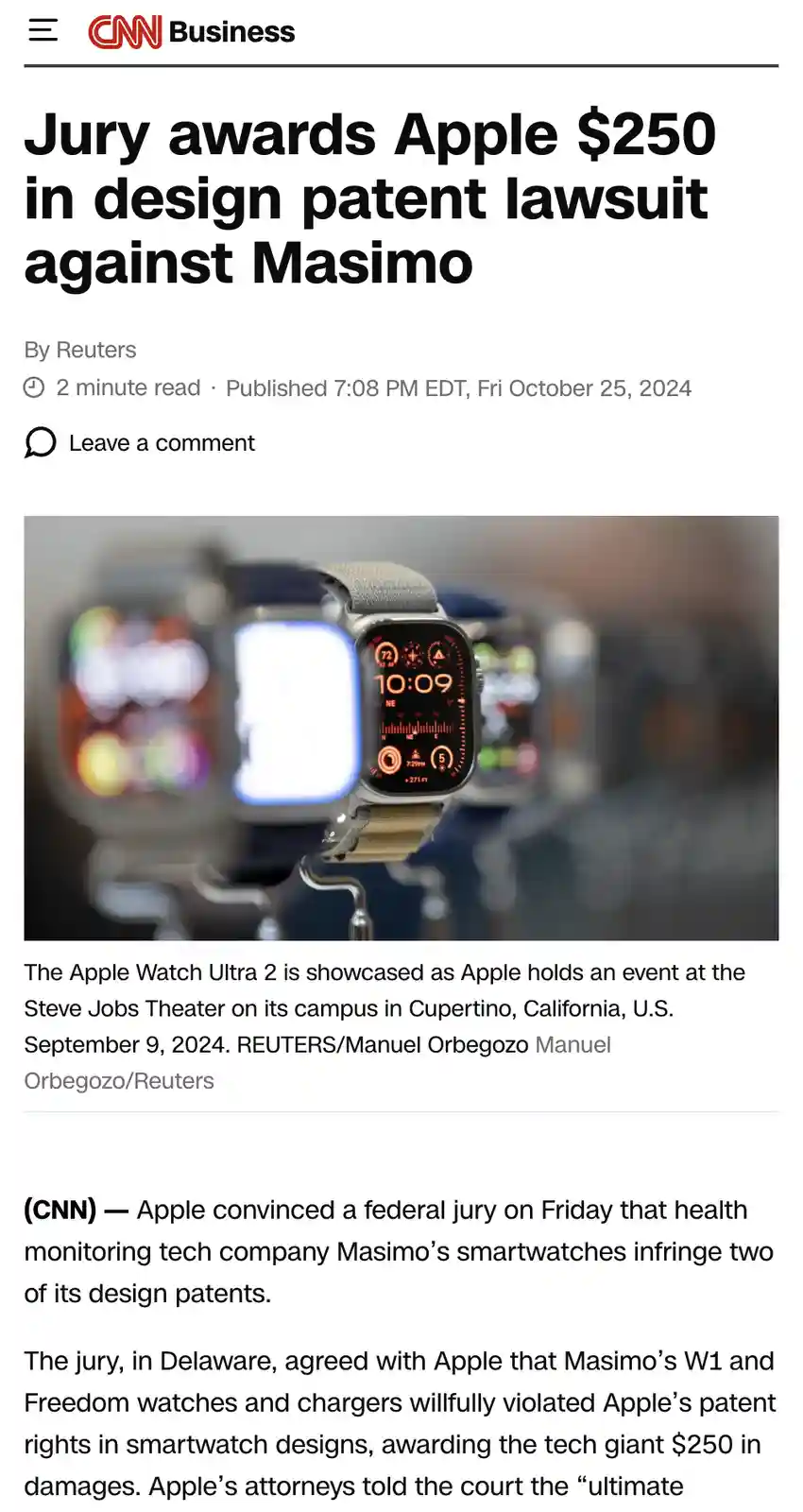A screenshot of a CNN Business article headline about Apple winning a $250 patent case against Masimo, overlaid with a photo…