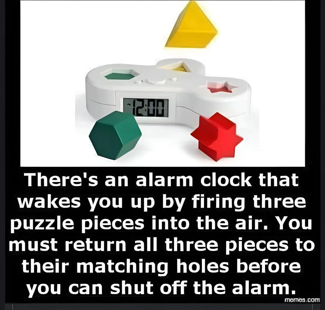 A white alarm clock with three shaped holes (hexagon, triangle, star) displays 12:00. Three matching colored puzzle pieces…