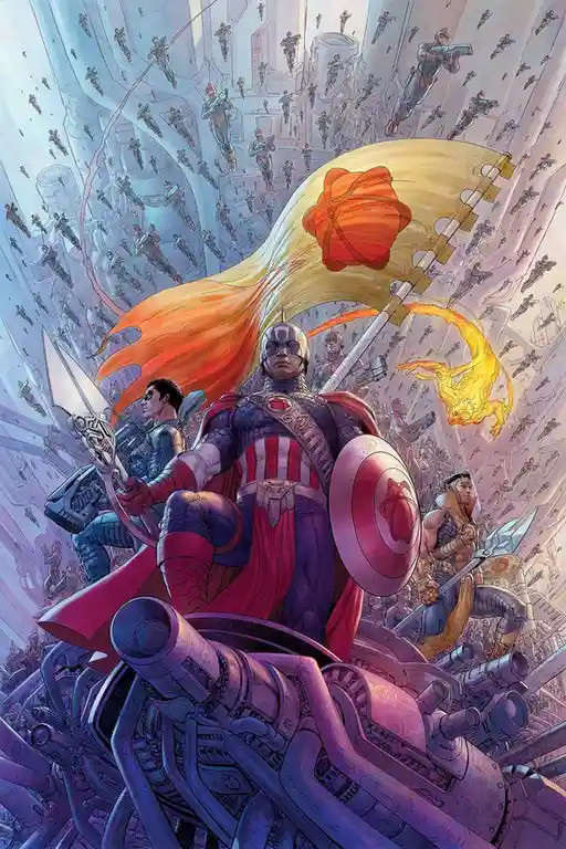 A comic book illustration shows Captain America standing atop a massive mechanical structure, holding his shield and a…