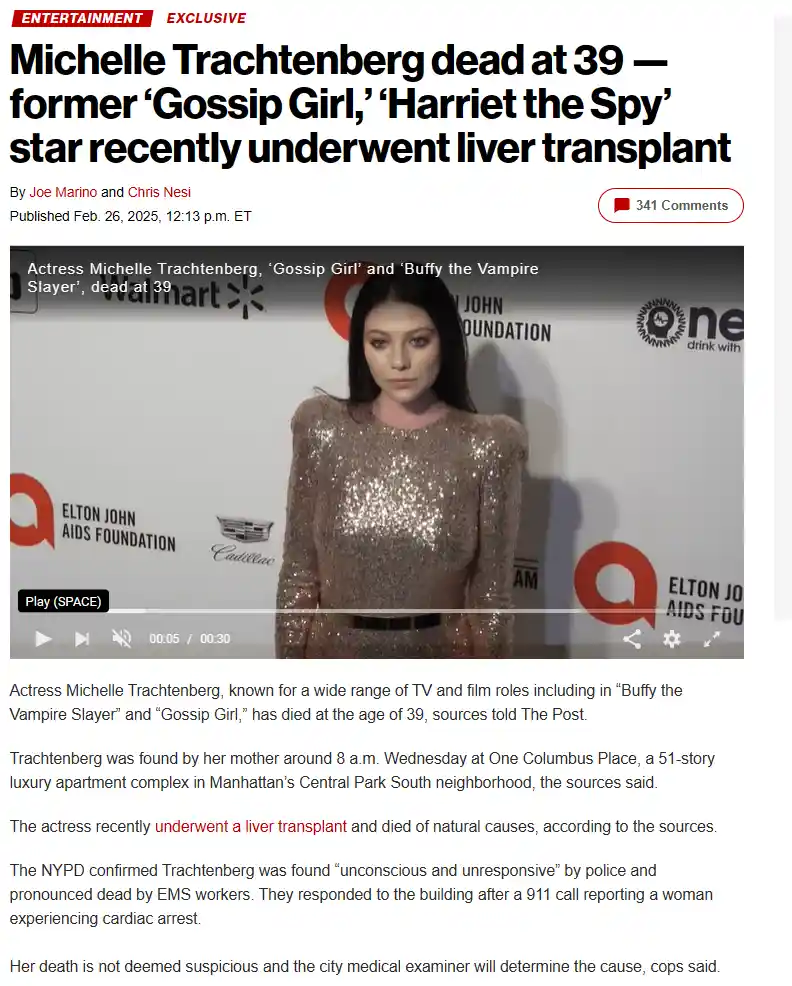 A screenshot of a fake news article headlined 'Michelle Trachtenberg dead at 39 — former ‘Gossip Girl,’ ‘Harriet the Spy’…