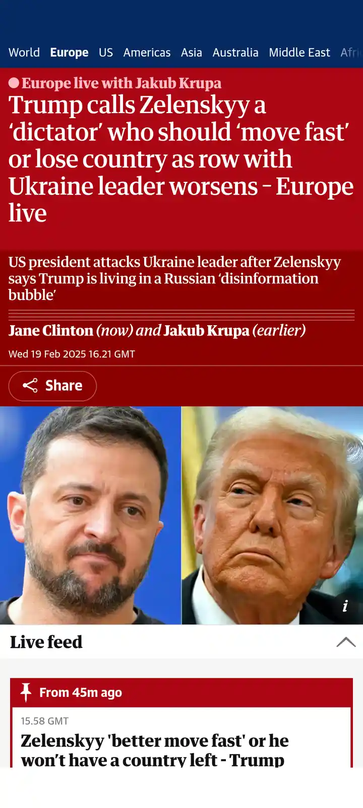 The image shows a news article screenshot with side-by-side photos of Ukrainian President Volodymyr Zelenskyy and former…