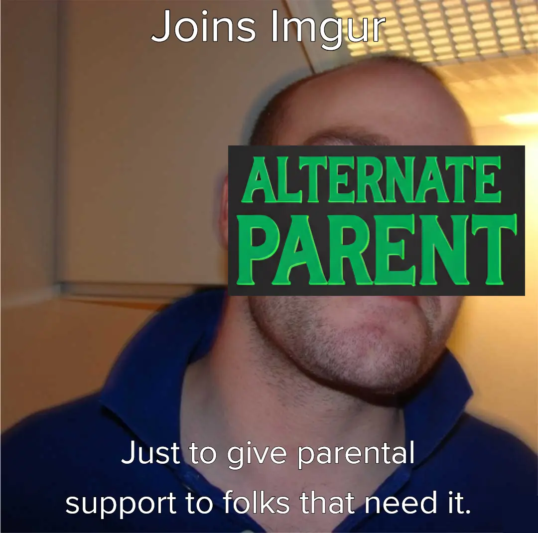 A man in a blue collared shirt looks slightly confused or resigned, with text overlaid: 'Joins Imgur' at the top, 'ALTERNATE…