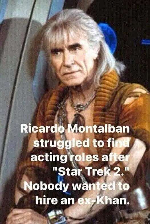 The image shows actor Ricardo Montalban with long white hair and a stern expression, wearing a brown, textured costume with…