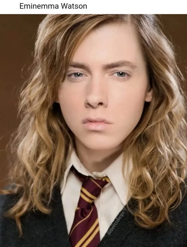 A person with long, wavy, light brown hair and a serious expression wears a white collared shirt, a maroon and gold striped…