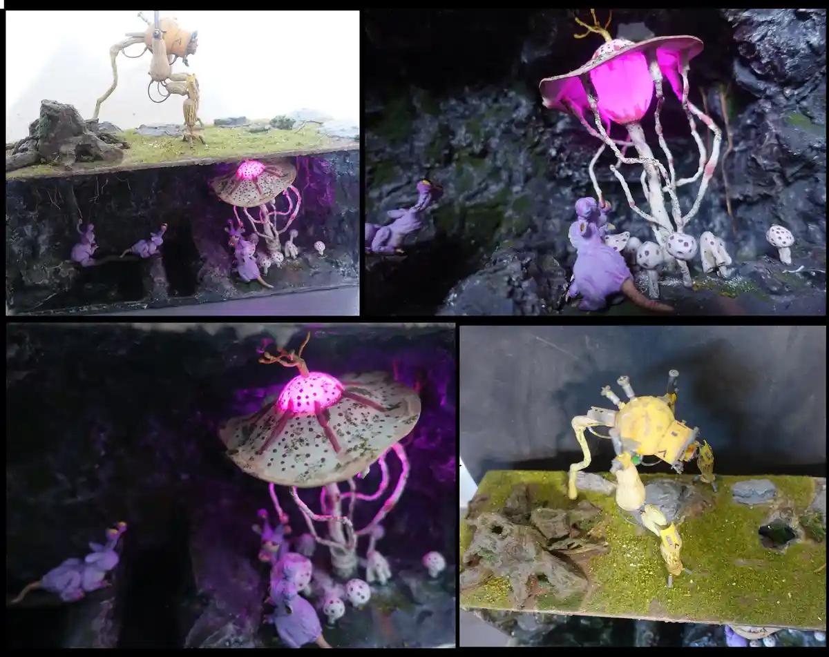 A four-panel collage shows a yellow, mechanical robot standing on mossy terrain, and in a dark cave, small purple creatures…