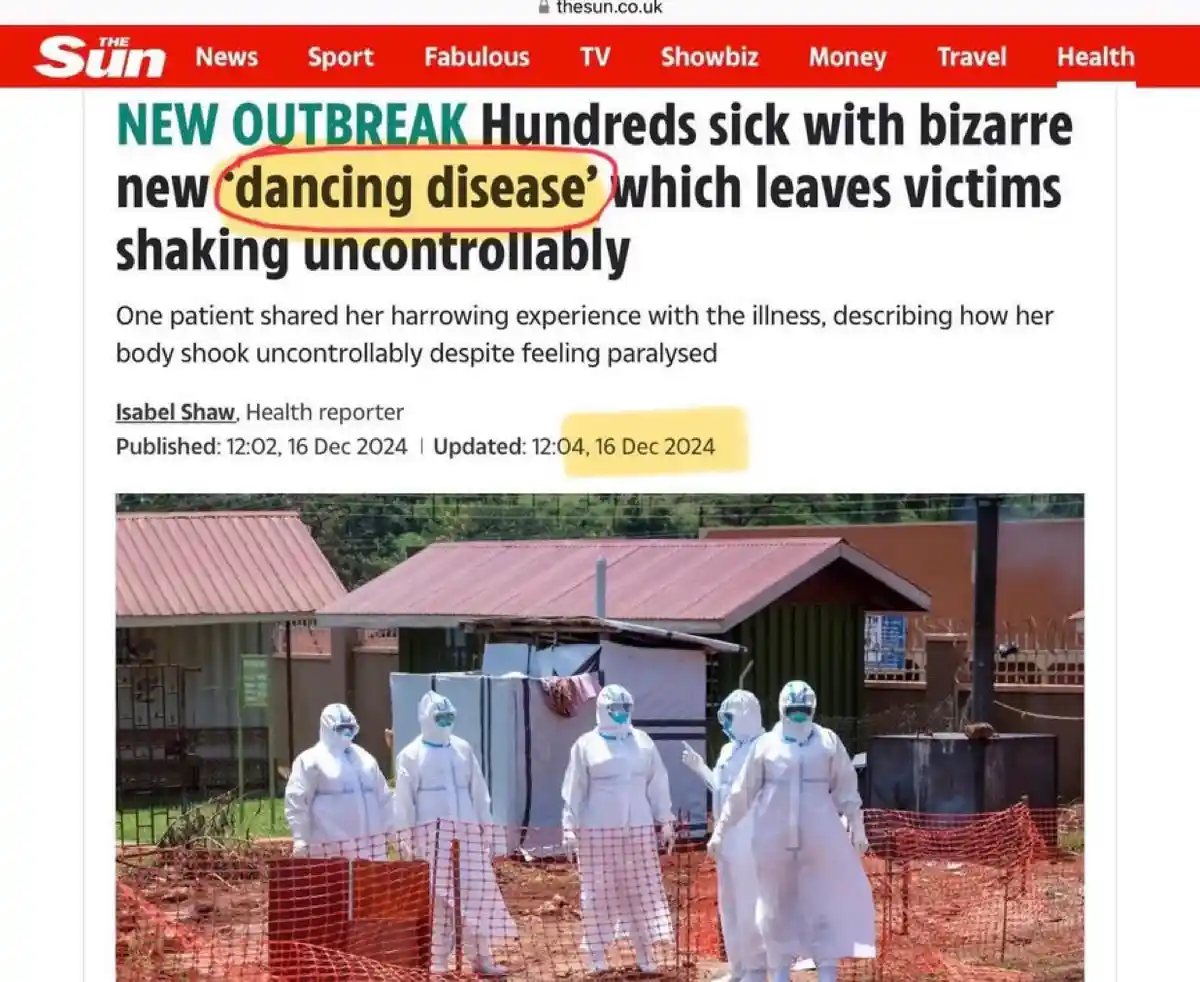 A screenshot of a fake news article from 'The Sun' with a headline about a 'dancing disease' causing uncontrollable shaking…