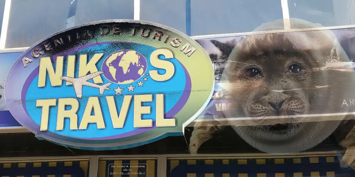 A close-up photo shows a travel agency sign reading 'AGENIA DE TURISM NIKOS TRAVEL' with a globe and airplane graphic. To…
