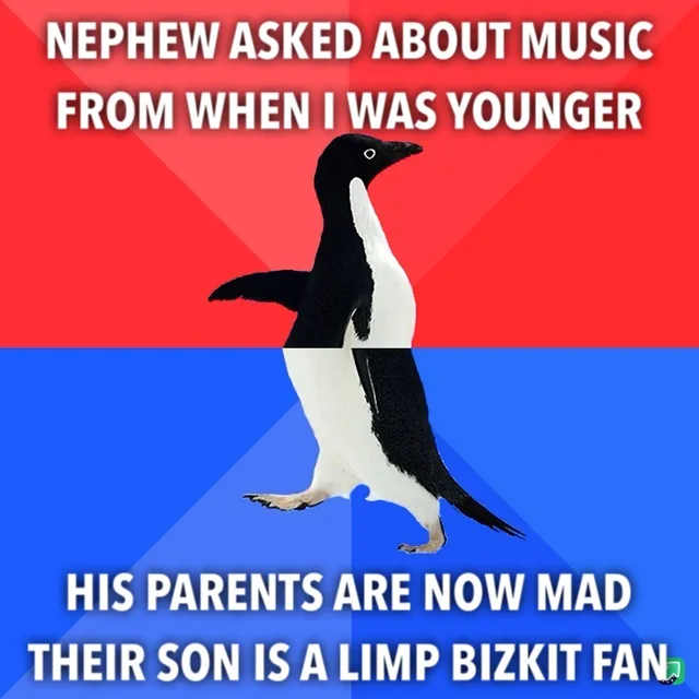 A penguin stands centered against a red and blue background, with white text overlaid in two sections. The top text reads…