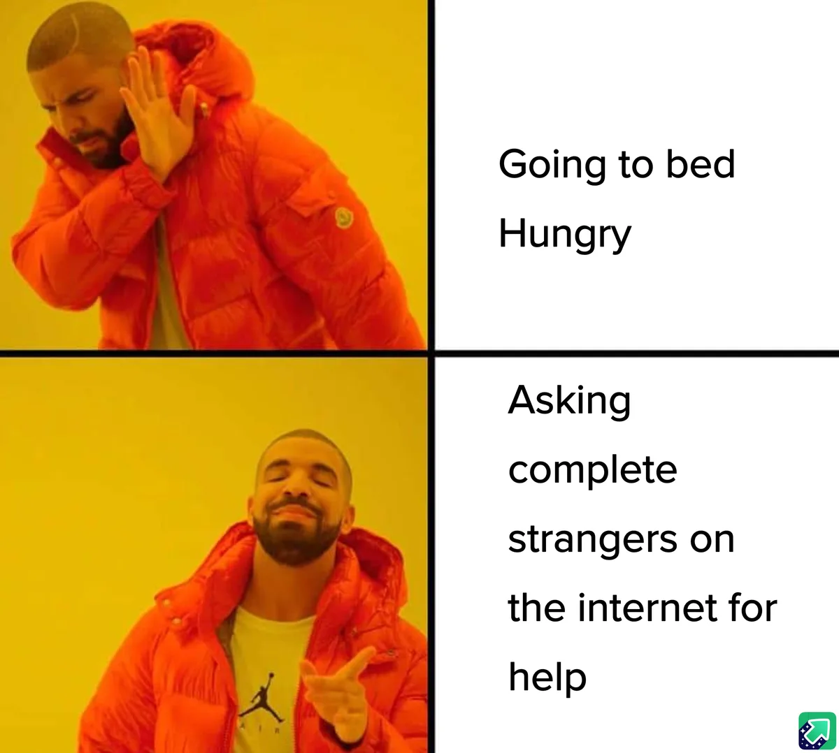The image is a two-panel meme featuring Drake. In the top panel, he covers his ears with a frustrated expression, labeled…