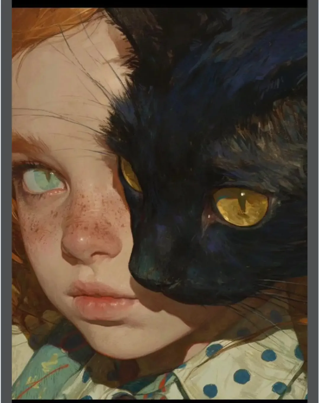 A close-up painting shows a young girl with freckles and green eyes, her face split down the middle: one side is her human…
