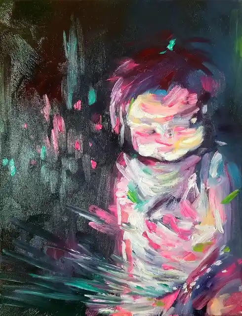 A colorful, abstract oil painting depicts a person with short dark hair, wearing a white turtleneck, looking down with a…