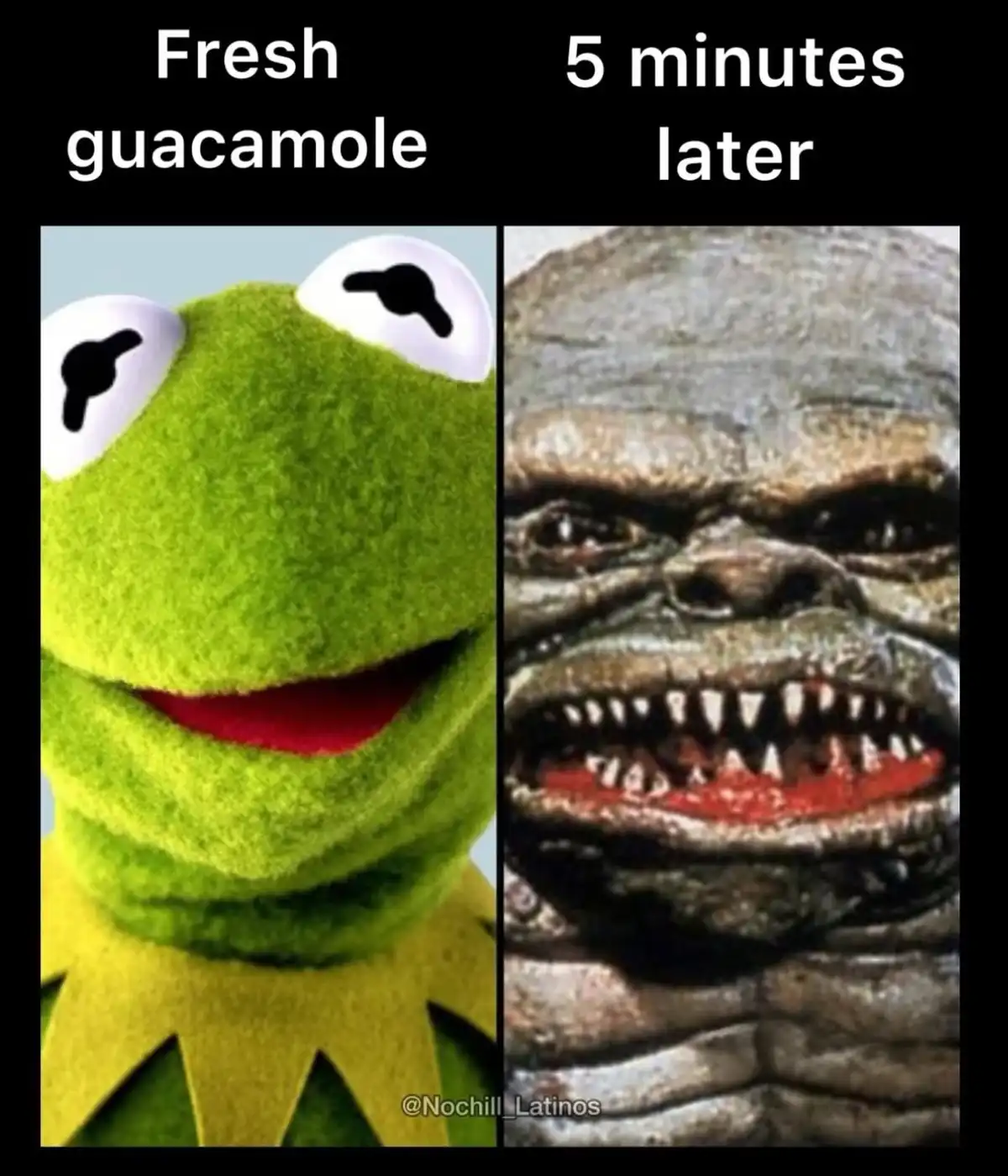 The image is split into two panels. The left panel shows Kermit the Frog with a cheerful, innocent expression. The right…