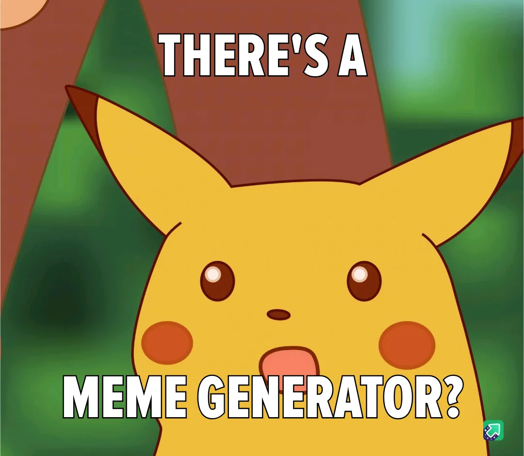 The image shows Pikachu from Pokémon with a surprised expression, mouth slightly open, against a blurred green and brown…
