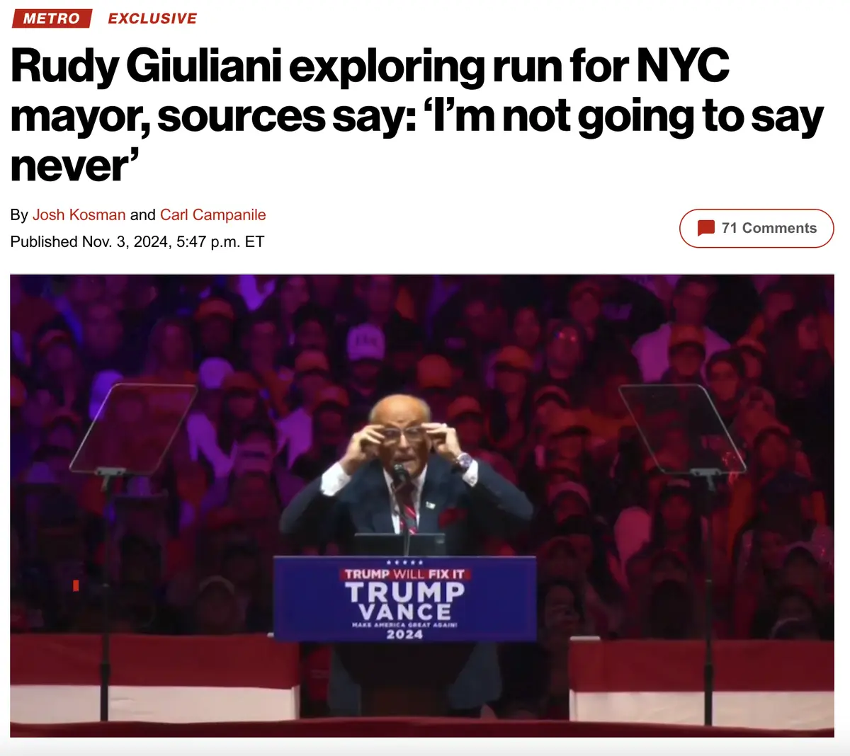 A screenshot of a Metro news article headlined 'Rudy Giuliani exploring run for NYC mayor, sources say: 'I'm not going to…