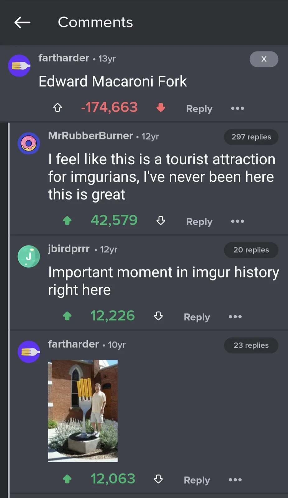 A screenshot of an Imgur comment thread shows a user named 'fartharder' posting a photo of a giant fork sculpture with the…