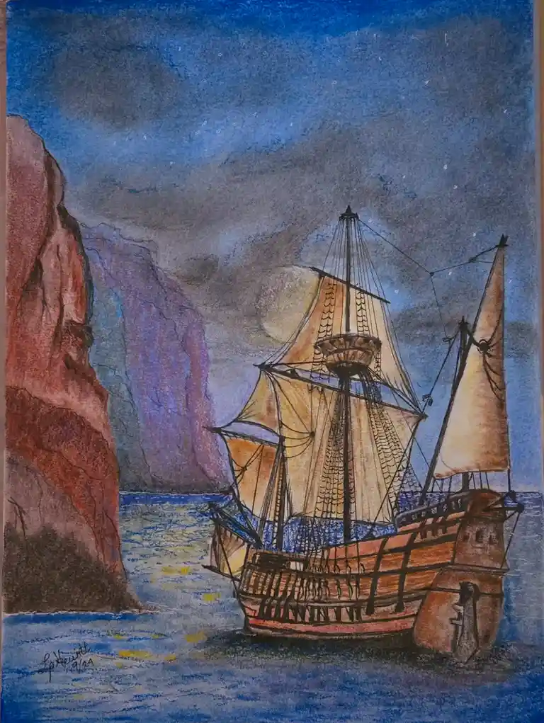 A watercolor painting depicts a large, detailed pirate ship with multiple sails and cannons, sailing at night under a full…