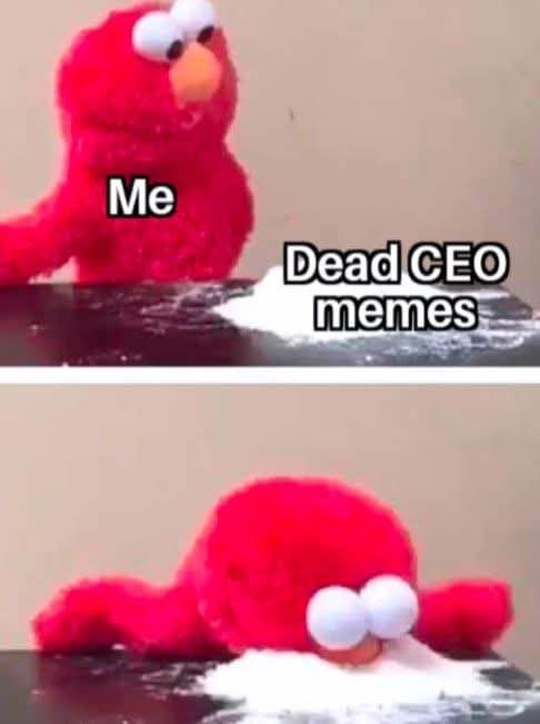 The image shows two panels of the red puppet Elmo. In the top panel, Elmo sits upright at a table with a pile of white…