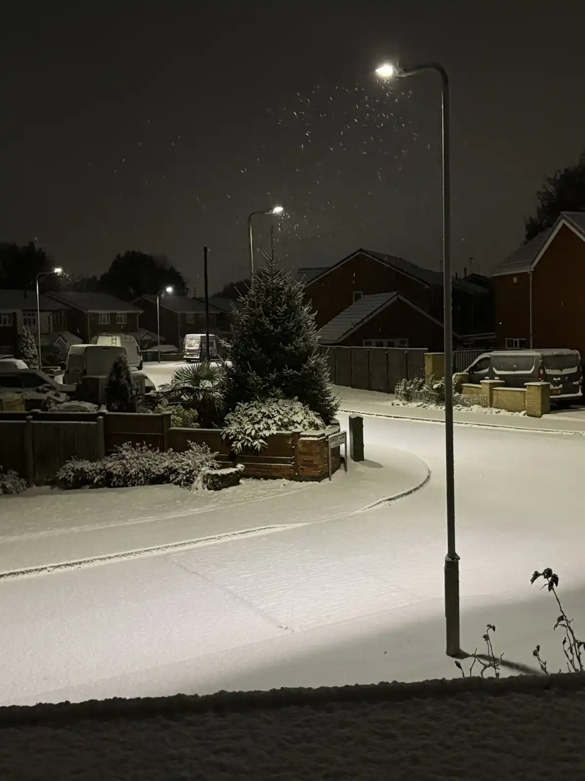 A nighttime photo of a snow-covered suburban street with streetlights, houses, and a snow-laden evergreen tree, overlaid…