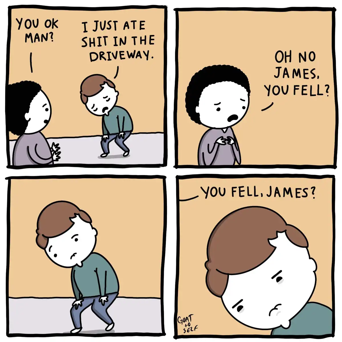 A four-panel comic shows a man telling a friend he ate shit in the driveway, prompting the friend to worry he fell. The man…