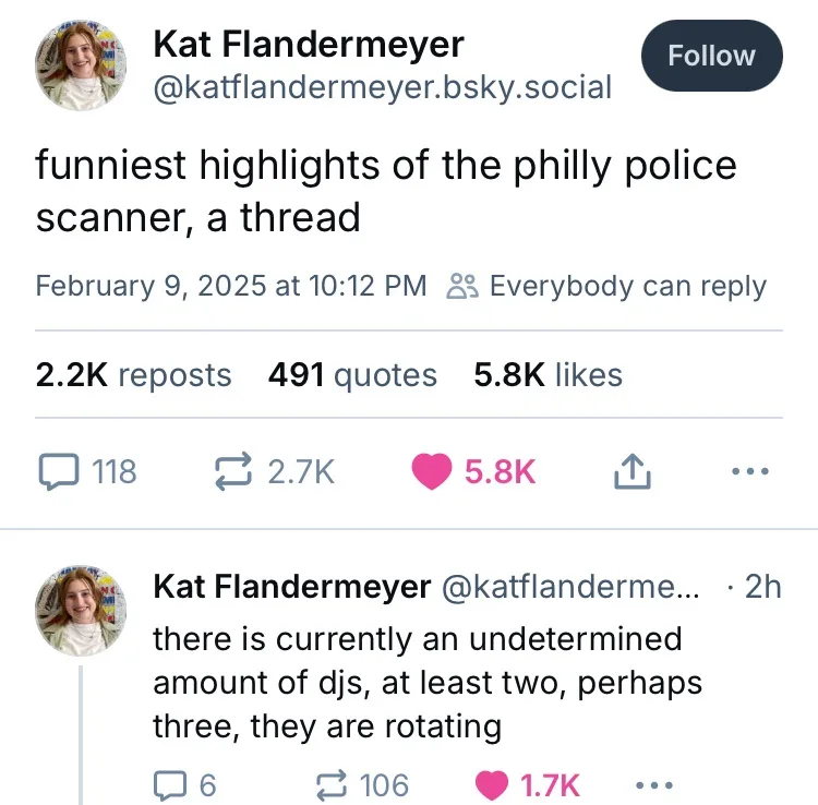 A screenshot of a social media post by Kat Flander Meyer showing a thread titled 'funniest highlights of the philly police…