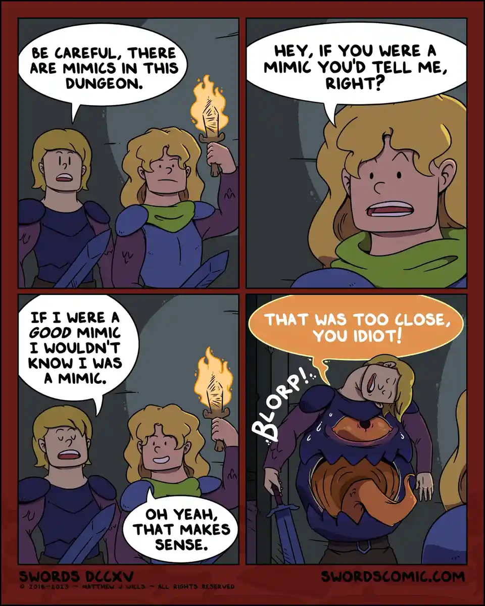 A four-panel comic strip shows two adventurers in a dungeon. One warns of mimics, and the other jokes that if he were a…