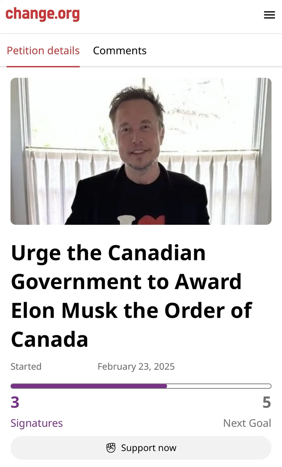 A screenshot of a change.org petition page showing a photo of Elon Musk smiling, with the petition title 'Urge the Canadian…