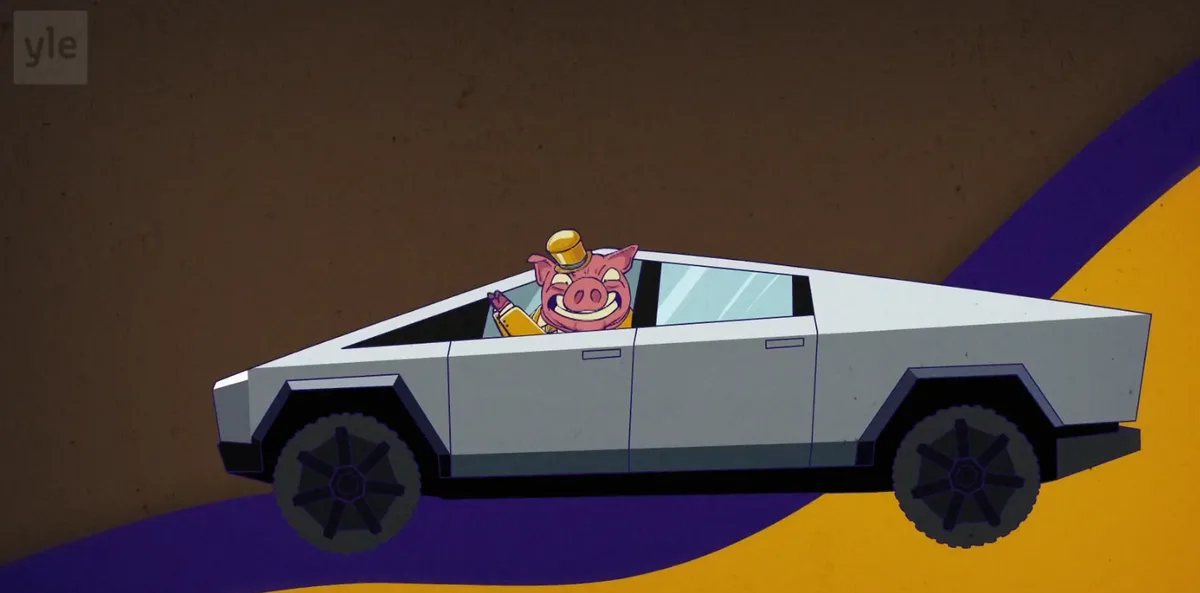 A cartoon pig wearing a gold top hat and a yellow suit drives a silver, angular Tesla Cybertruck-style car. The pig is…