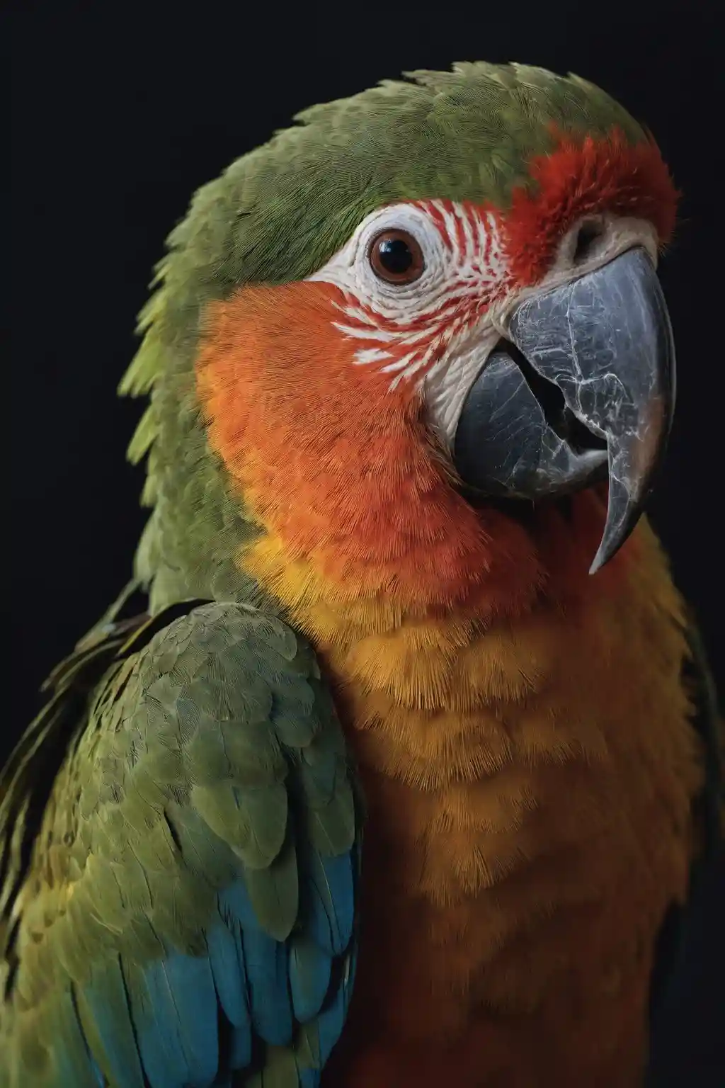 A close-up photograph of a colorful macaw parrot with green, orange, and red feathers against a black background. The bird…
