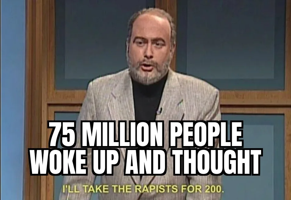 A man with a beard and gray suit jacket is shown on a game show set, looking surprised. Overlaid text reads '75 MILLION…
