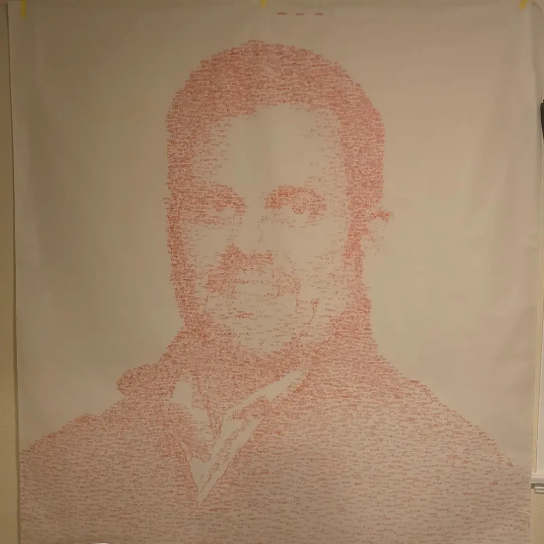 A portrait of a man is formed entirely from the repeated word 'done' written in red ink across a large white sheet of paper…