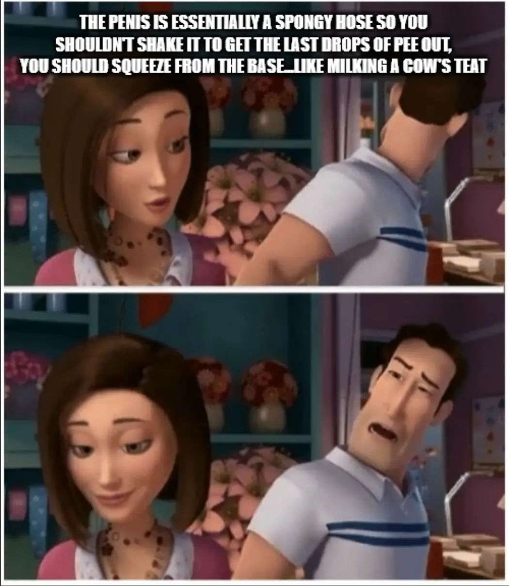 Two-panel meme from 'The Incredibles' showing a woman calmly explaining a bodily function to a man who reacts with shock and…