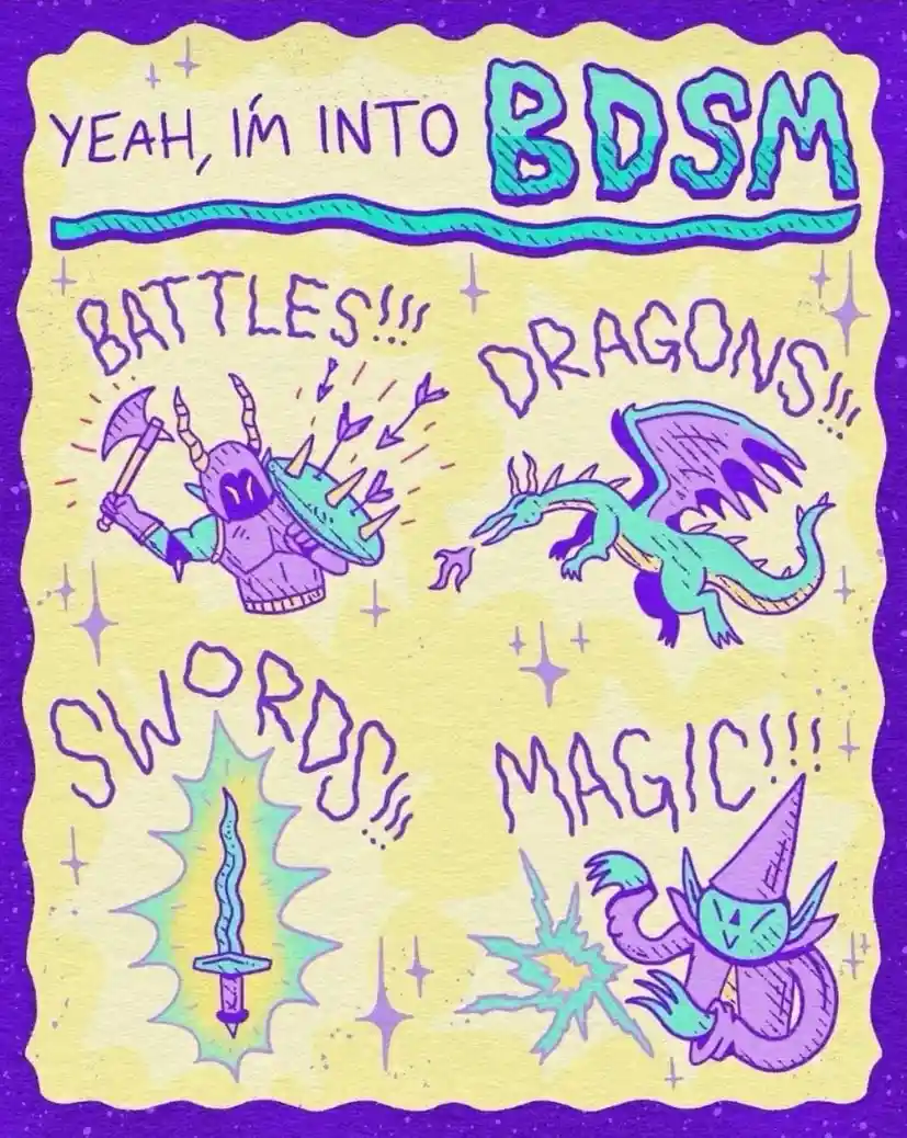 A colorful, hand-drawn fantasy illustration with a purple border and yellow center, featuring four cartoonish fantasy…