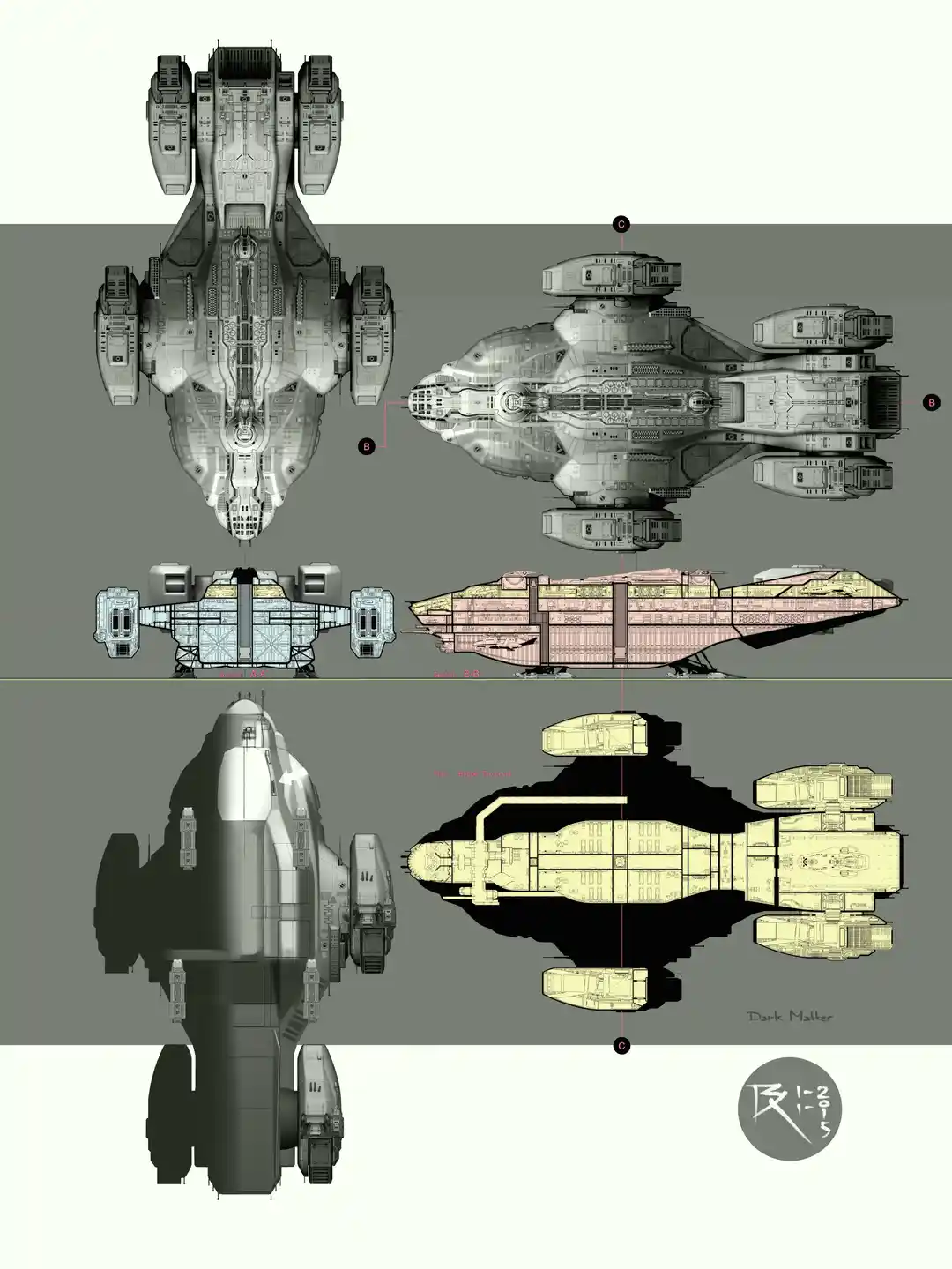 The image displays detailed technical schematics of a spaceship, showing multiple views including top, side, and…